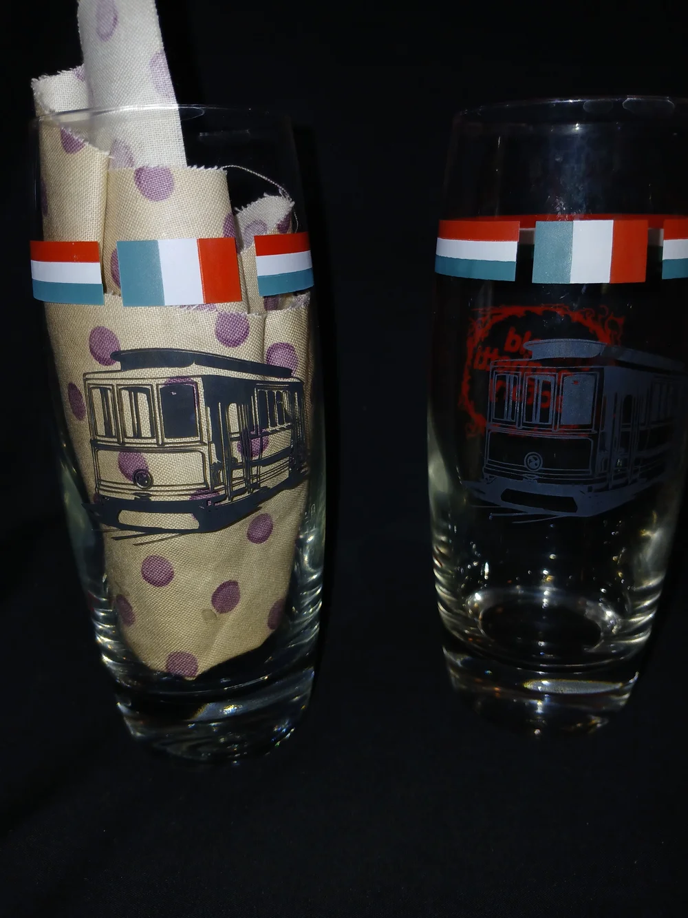 Vintage Tram-Print Tall Drinking Glasses in Red and Teal - Pair